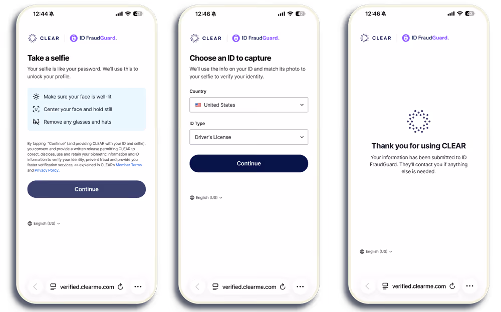Three cellphones showing Identity Validation UI
