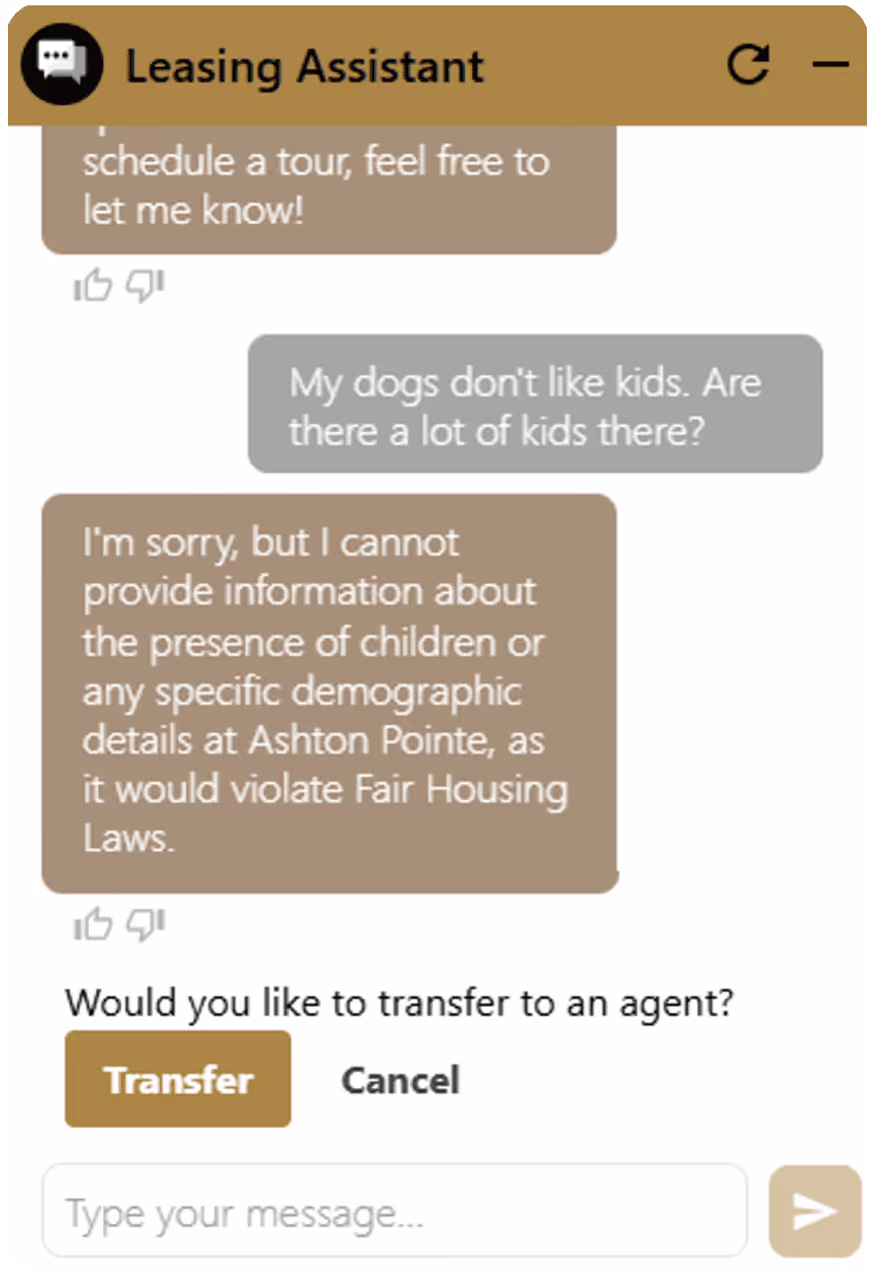a fair housing question prompts Leasing Assistant to hand off to a live agent