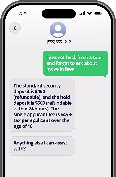 The agent responds via SMS with information on fees